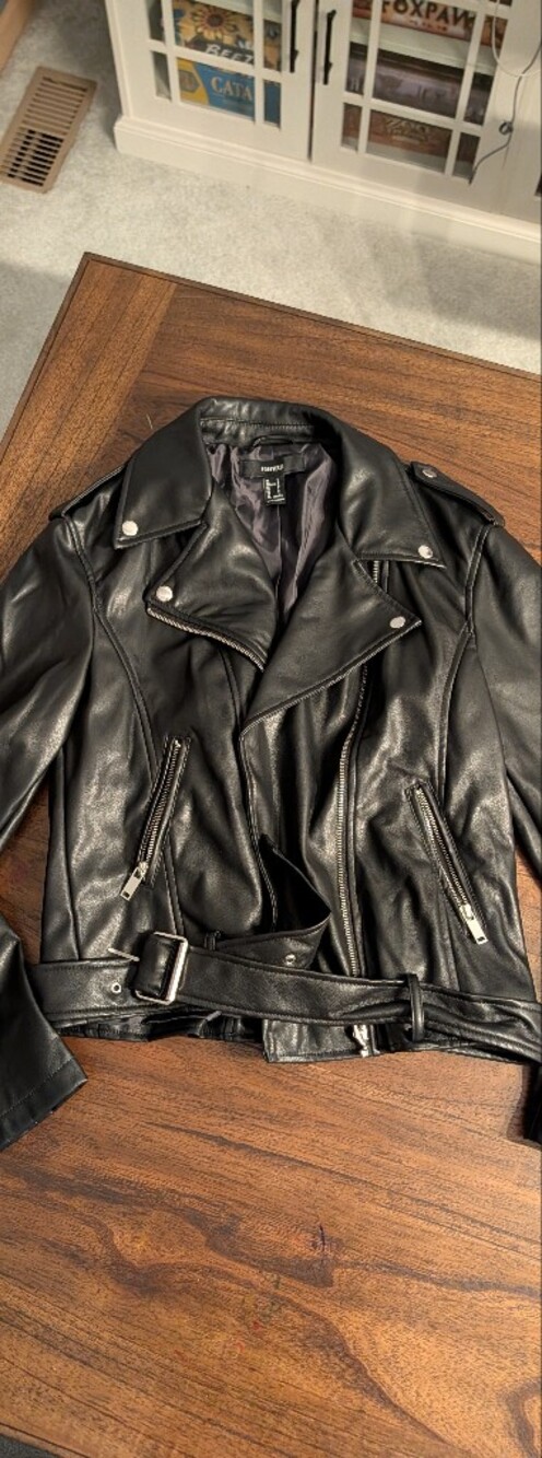 Forever 21 Black Faux Leather Moto Jacket with Belt